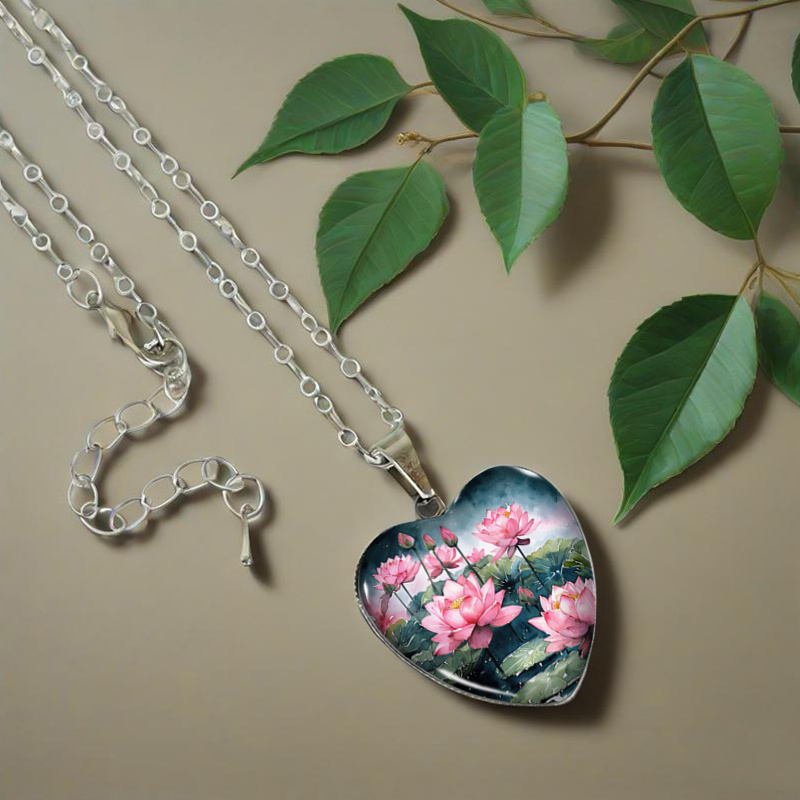 Pink Lotus Pond Heart Glass Pendant Men's Necklace